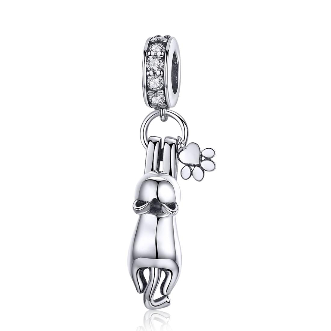Climbing Cat Paw Print Sterling Silver Ziron CZ Bead Charm Bracelet Necklace