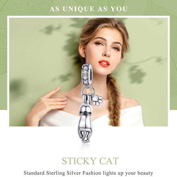 Climbing Cat Paw Print Sterling Silver Ziron CZ Bead Charm Bracelet Necklace