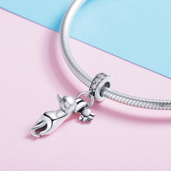 Climbing Cat Paw Print Sterling Silver Ziron CZ Bead Charm Bracelet Necklace