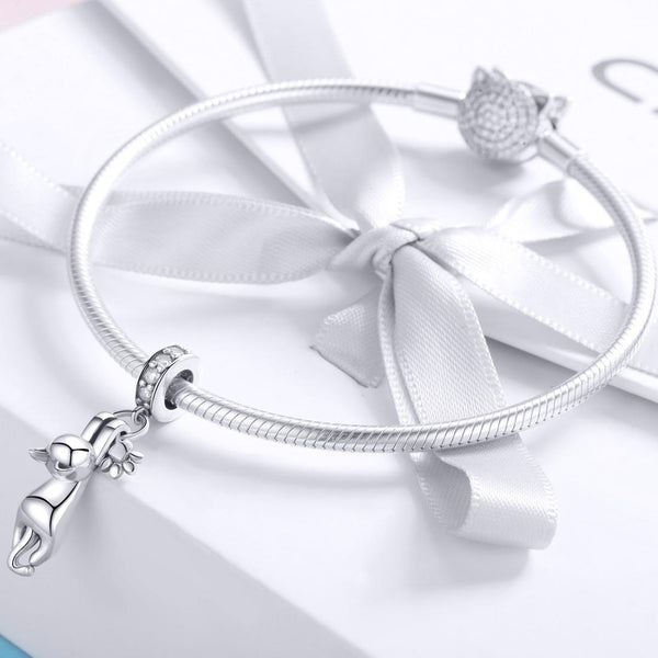 Climbing Cat Paw Print Sterling Silver Ziron CZ Bead Charm Bracelet Necklace