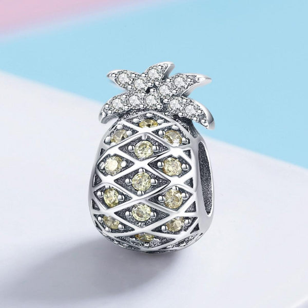 Pineapple Sterling Silver Zircon CZ Bead Charm Bracelet Necklace