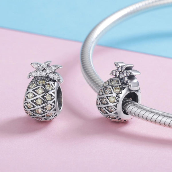 Pineapple Sterling Silver Zircon CZ Bead Charm Bracelet Necklace