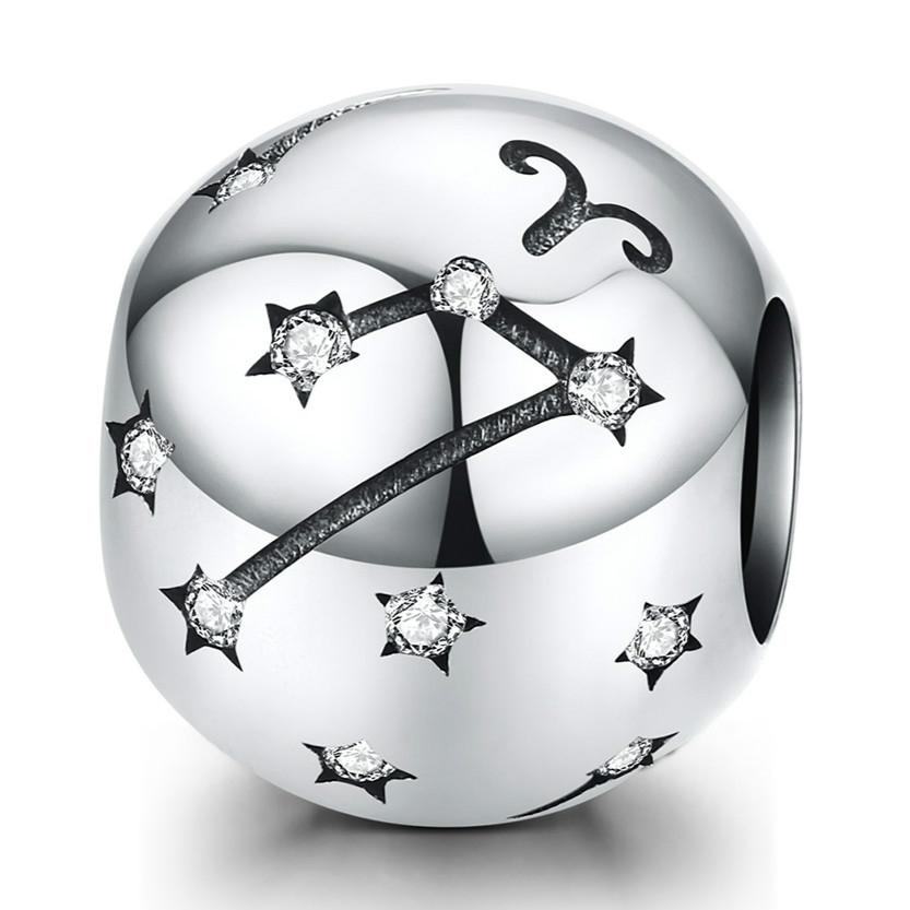 Aries Zodiac Constellation Sterling Silver Zircon CZ Bead Charm Bracelet Necklace