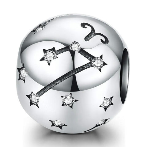 Aries Zodiac Constellation Sterling Silver Zircon CZ Bead Charm Bracelet Necklace