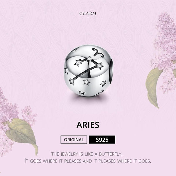 Aries Zodiac Constellation Sterling Silver Zircon CZ Bead Charm Bracelet Necklace