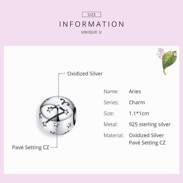 Aries Zodiac Constellation Sterling Silver Zircon CZ Bead Charm Bracelet Necklace