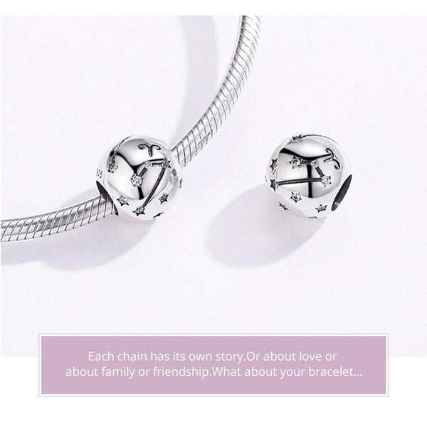 Aries Zodiac Constellation Sterling Silver Zircon CZ Bead Charm Bracelet Necklace