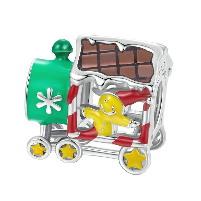 Christmas Train Enamel Sterling Silver Bead Charm Bracelet Necklace Pendant
