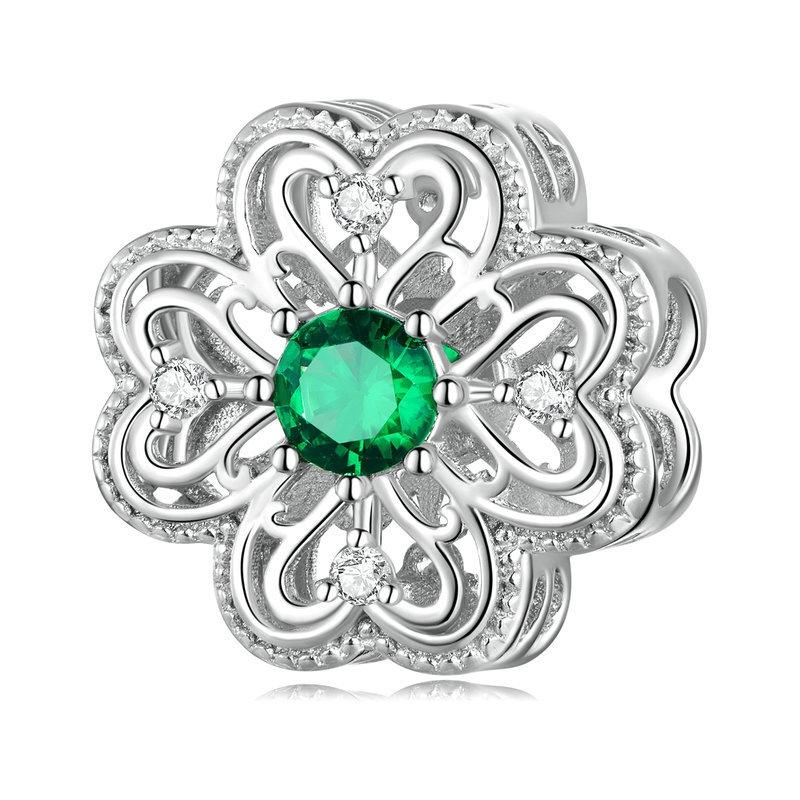 Four Leaf Clover Sterling Silver CZ Bead Charm Bracelet Necklace Pendant