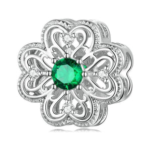 Four Leaf Clover Sterling Silver CZ Bead Charm Bracelet Necklace Pendant