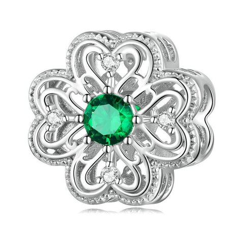 Four Leaf Clover Sterling Silver CZ Bead Charm Bracelet Necklace Pendant
