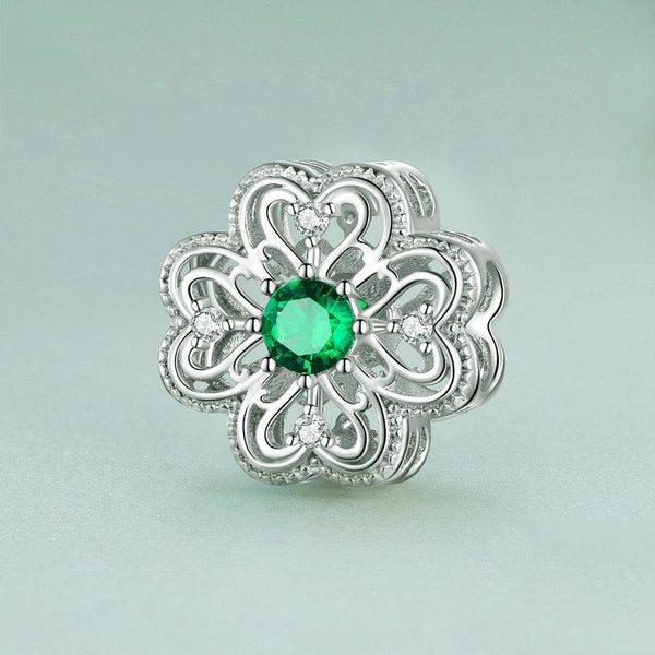 Four Leaf Clover Sterling Silver CZ Bead Charm Bracelet Necklace Pendant