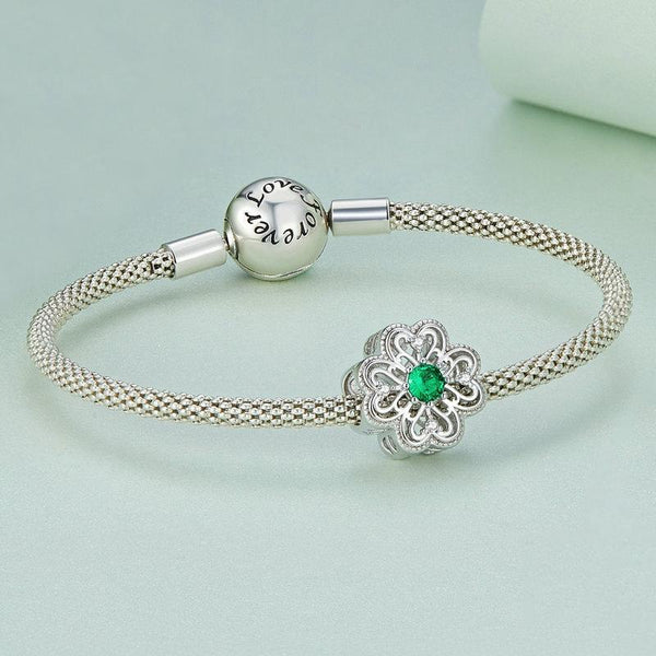 Four Leaf Clover Sterling Silver CZ Bead Charm Bracelet Necklace Pendant