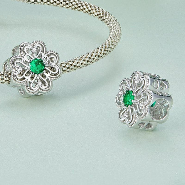Four Leaf Clover Sterling Silver CZ Bead Charm Bracelet Necklace Pendant