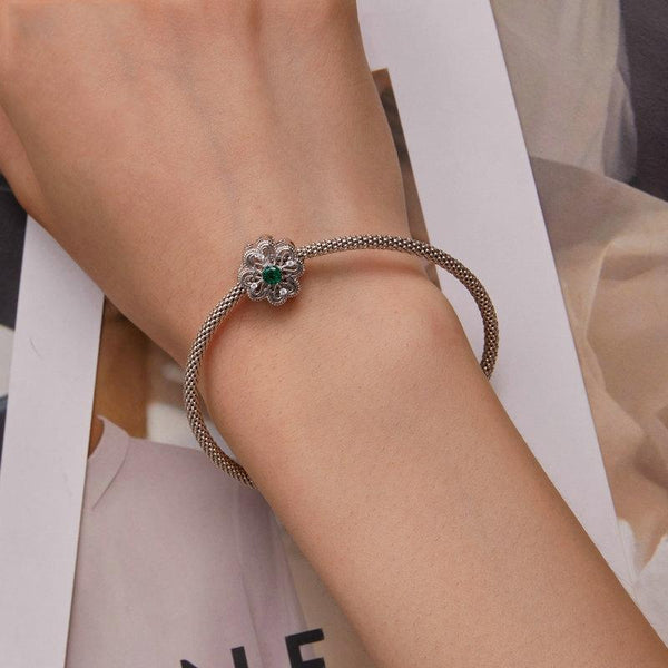 Four Leaf Clover Sterling Silver CZ Bead Charm Bracelet Necklace Pendant