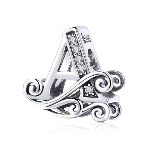 Initial Letter Gothic Victorian Sterling Silver Zircon CZ Bead Charm Bracelet A
