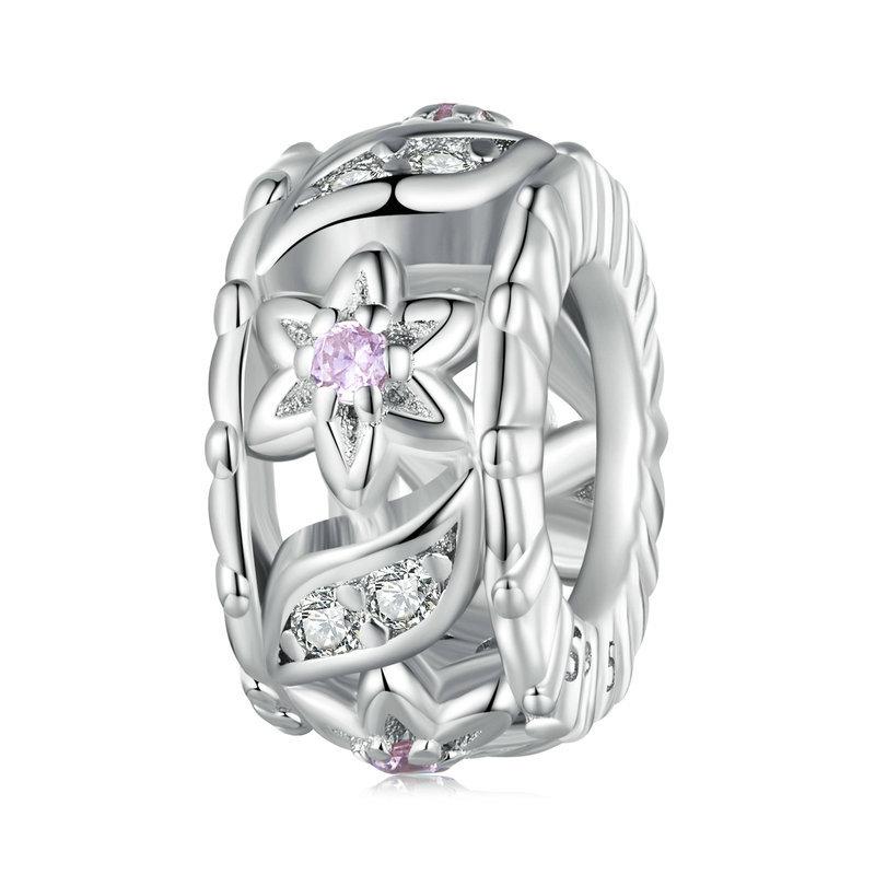 Floral Sterling Silver CZ Spacer Bead Charm Bracelet Necklace Pendant