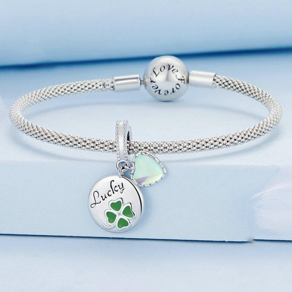 Lucky Four Leaf Clover Sterling Silver Bead Charm Bracelet Necklace