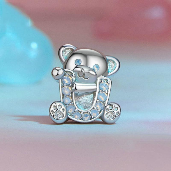 Valentine Bear Sterling Silver CZ Bead Charm Bracelet Necklace Pendant