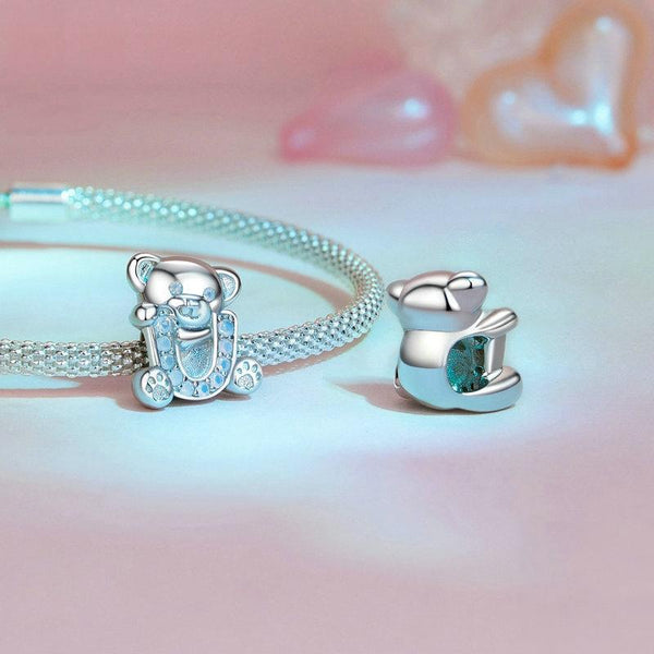 Valentine Bear Sterling Silver CZ Bead Charm Bracelet Necklace Pendant
