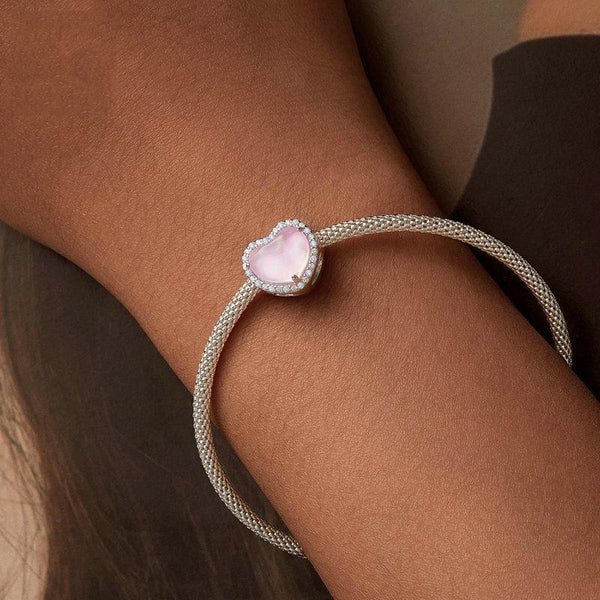 Pink Love Heart Sterling Silver CZ Bead Charm Bracelet Necklace Pendant