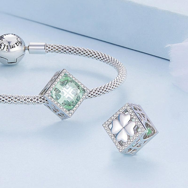 Four Leaf Clover Sterling Silver Crystal Zircon CZ Bead Charm Bracelet Necklace