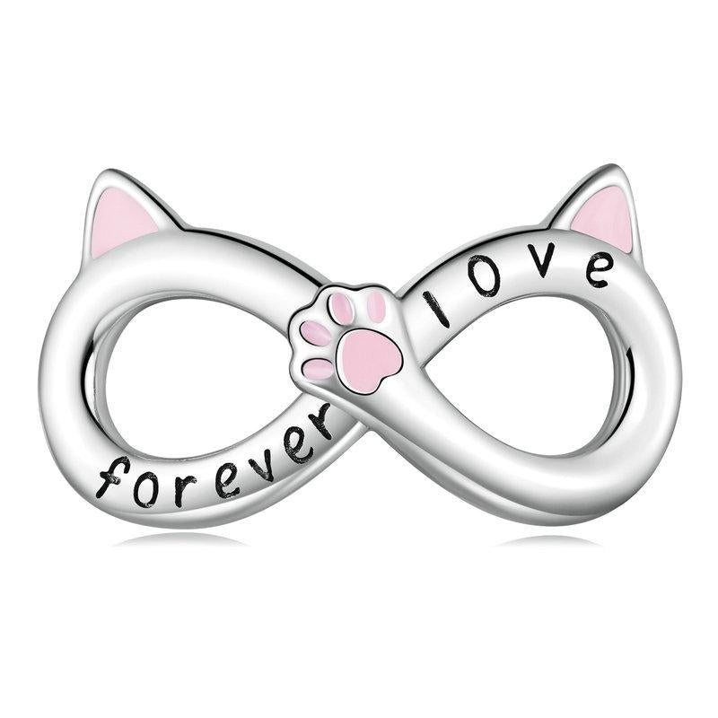 Love Forever Infinity Cat Enamel Sterling Silver Bead Charm Bracelet Necklace