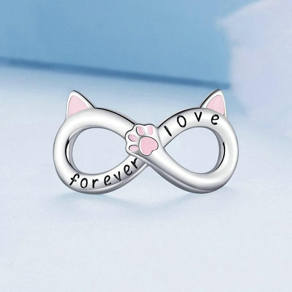 Love Forever Infinity Cat Enamel Sterling Silver Bead Charm Bracelet Necklace