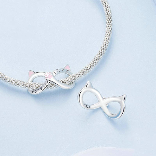 Love Forever Infinity Cat Enamel Sterling Silver Bead Charm Bracelet Necklace