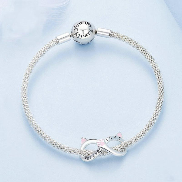 Love Forever Infinity Cat Enamel Sterling Silver Bead Charm Bracelet Necklace