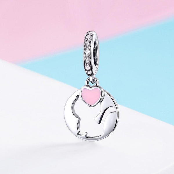 Cat Heart Love Enamel Sterling Silver Zircon CZ Bead Charm Bracelet Necklace