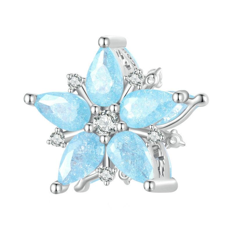 Blue Flower Snowflake Sterling Silver Zircon CZ Bead Charm Bracelet Necklace