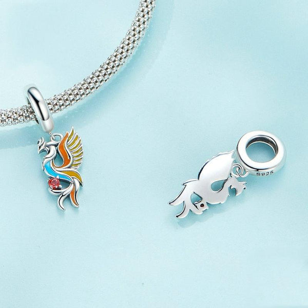Phoenix Enamel Sterling Silver Bead Charm Bracelet Necklace Pendant