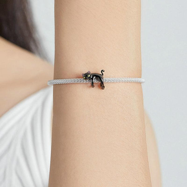 Hanging Black Cat Enamel Sterling Silver Bead Charm Bracelet Necklace Pendant