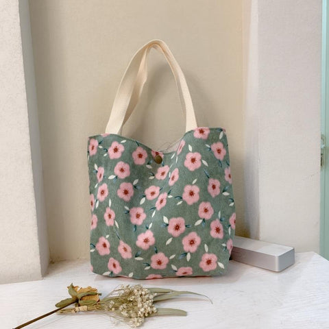 Large Capacity Corduroy Tote Shopper Bag Handbag Floral Design Cherry Pink