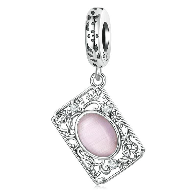 Square Filigree Glass Sterling Silver Bead Charm Bracelet Necklace Pendant