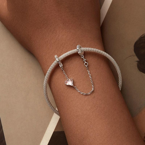 Crystal Heart Sterling Silver Safety Chain For Bracelet