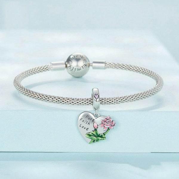 Pure Faith Love Lotus Flower Enamel Sterling Silver Bead Charm Bracelet