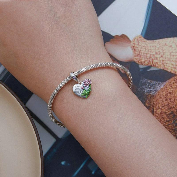 Pure Faith Love Lotus Flower Enamel Sterling Silver Bead Charm Bracelet