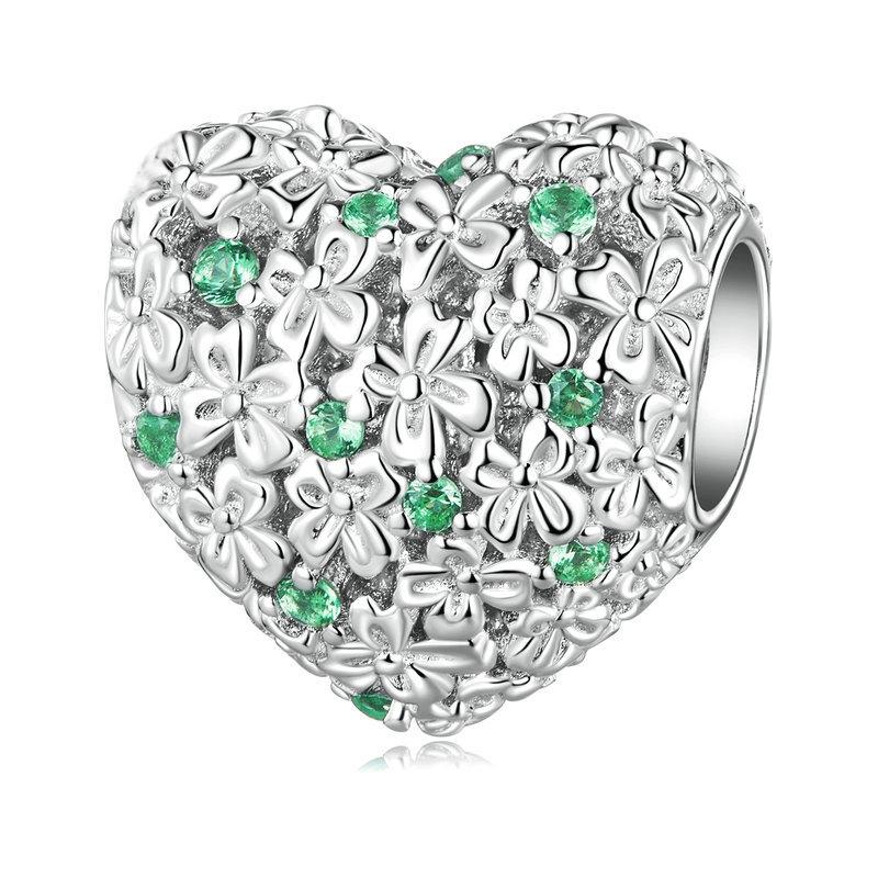 Floral Heart Sterling Silver Zircon CZ Bead Charm Bracelet Necklace Pendant