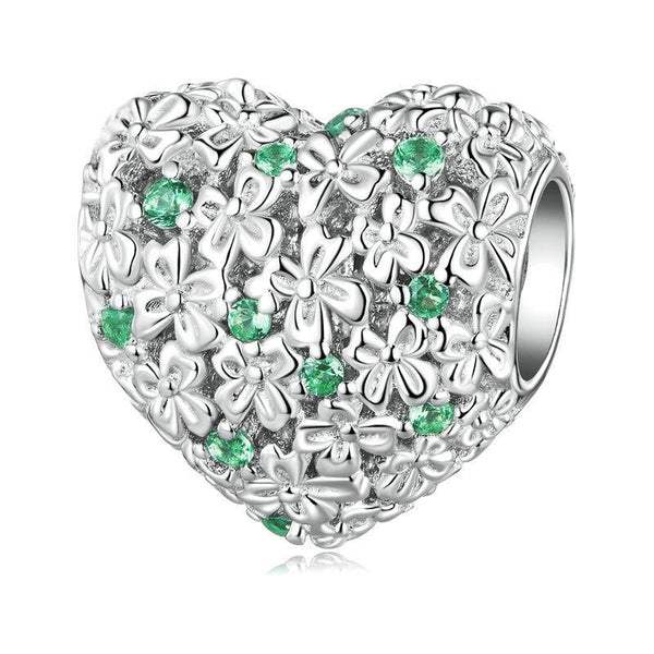 Floral Heart Sterling Silver Zircon CZ Bead Charm Bracelet Necklace Pendant