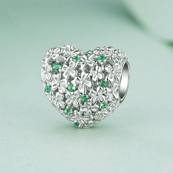 Floral Heart Sterling Silver Zircon CZ Bead Charm Bracelet Necklace Pendant