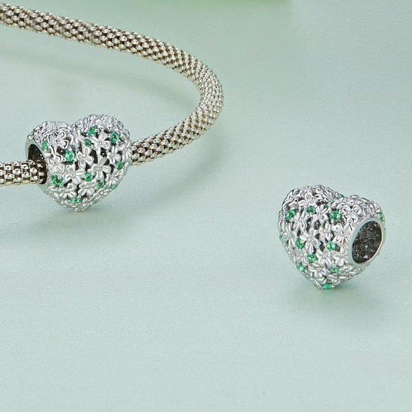Floral Heart Sterling Silver Zircon CZ Bead Charm Bracelet Necklace Pendant