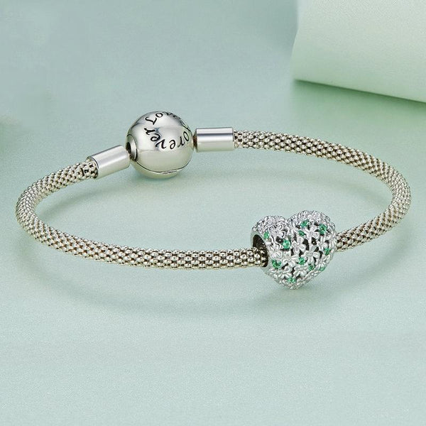 Floral Heart Sterling Silver Zircon CZ Bead Charm Bracelet Necklace Pendant