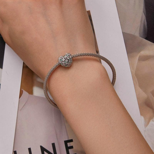 Floral Heart Sterling Silver Zircon CZ Bead Charm Bracelet Necklace Pendant