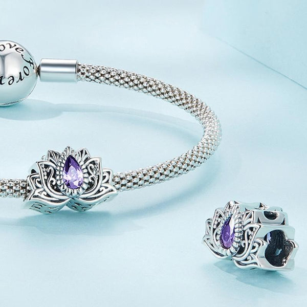 Lotus Flower Sterling Silver Zircon CZ Bead Charm Bracelet Necklace Pendant