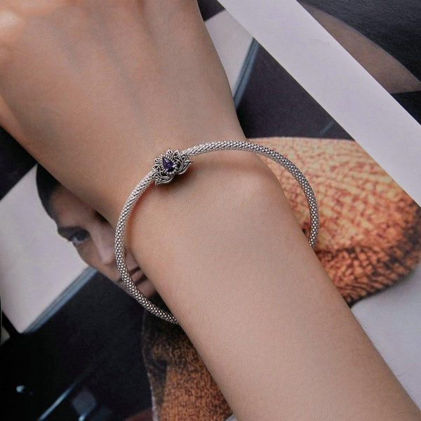 Lotus Flower Sterling Silver Zircon CZ Bead Charm Bracelet Necklace Pendant
