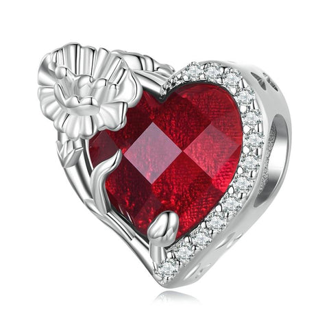Garnet Carnation January Birthstone Birth Flower Sterling Silver Bead Charm Bracelet
