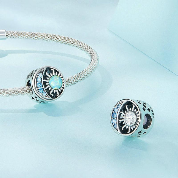 Sun And Moon Opal Sterling Silver Zircon CZ Bead Charm Bracelet Necklace