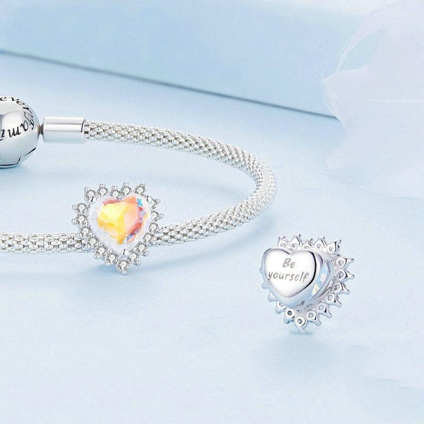 Be Yourself Heart Sterling Silver Zircon CZ Glass Bead Charm Bracelet Necklace